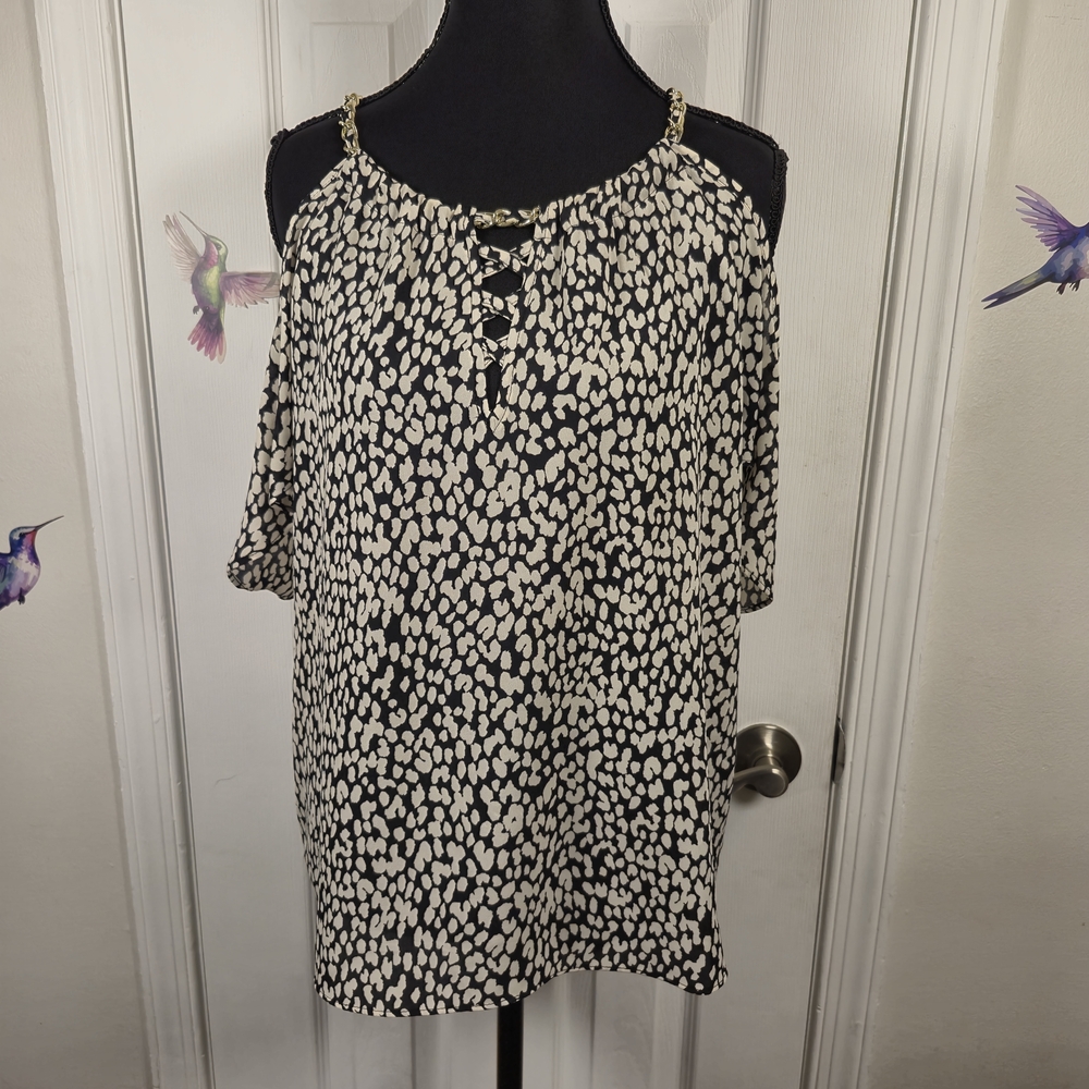 INC Cold Shoulder Chain Detail Black & Cream Animal Print Flowy Blouse Top S